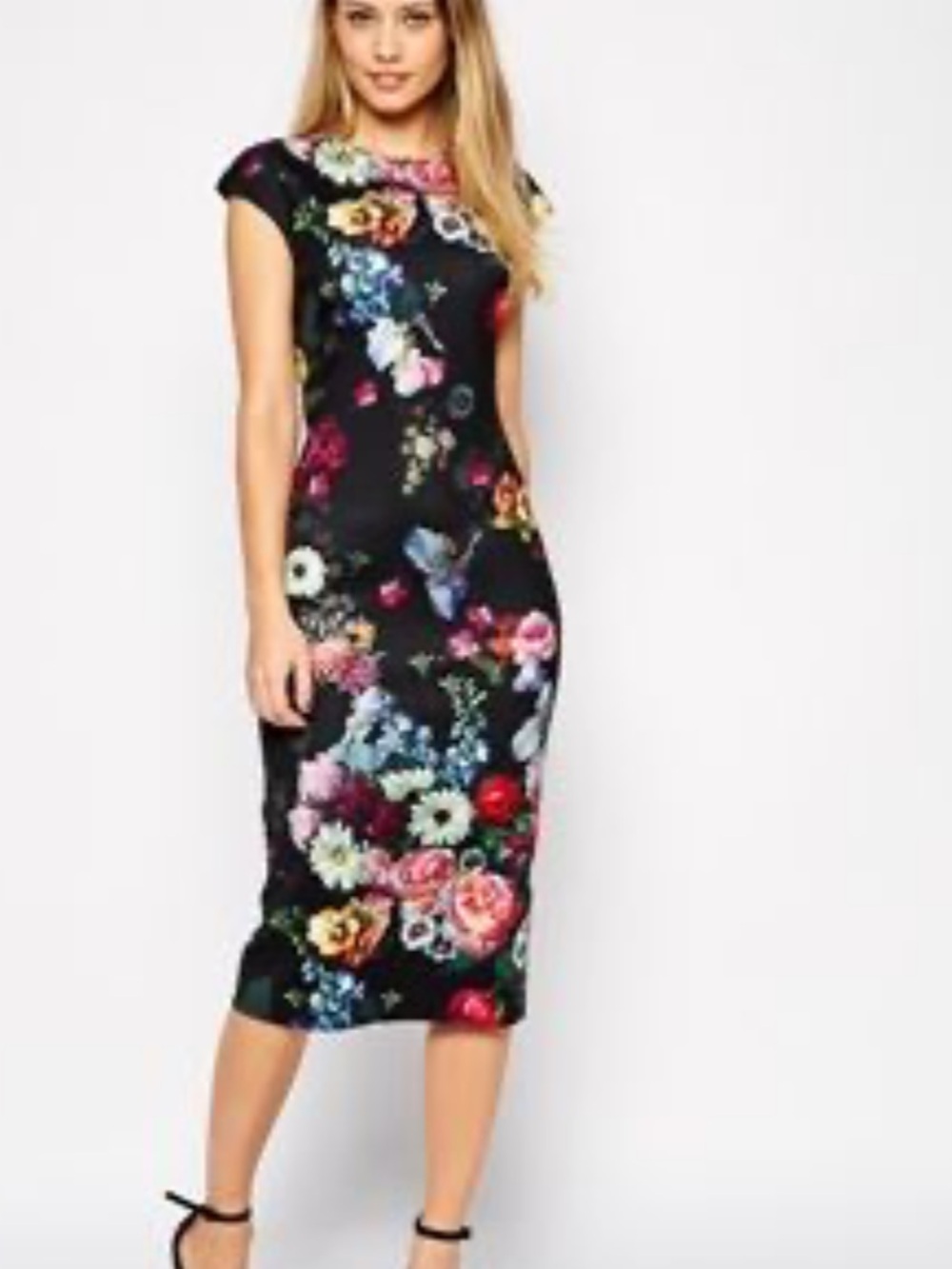 Ted Baker MIDI Dress Black Floral Sheath wedding rehearsal glam chic cocktail
